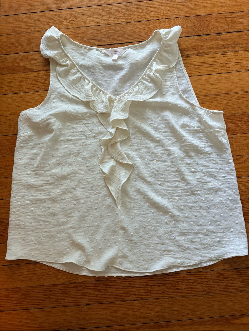 LC Lauren Conrad Ivory Ruffle V-Neck Swiss Dot Blouse - Picture 2 of 11